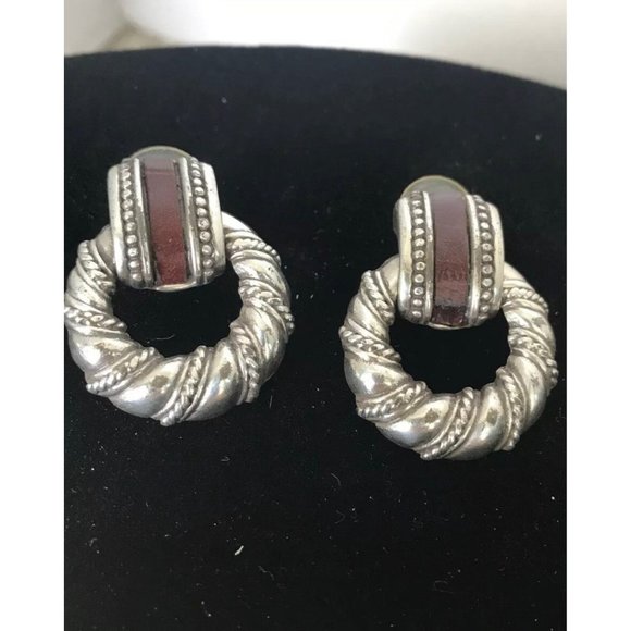 Vintage‎ Sterling Silver Burgundy Inlay Twisted Rope Hoop Earrings - Picture 1 of 4